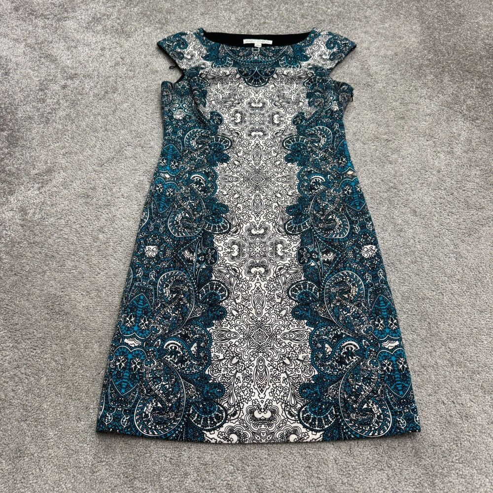 Maggy London Midi Sheath Dress Womens 8 Blue Paisley Medallion Print Cap Sleeve